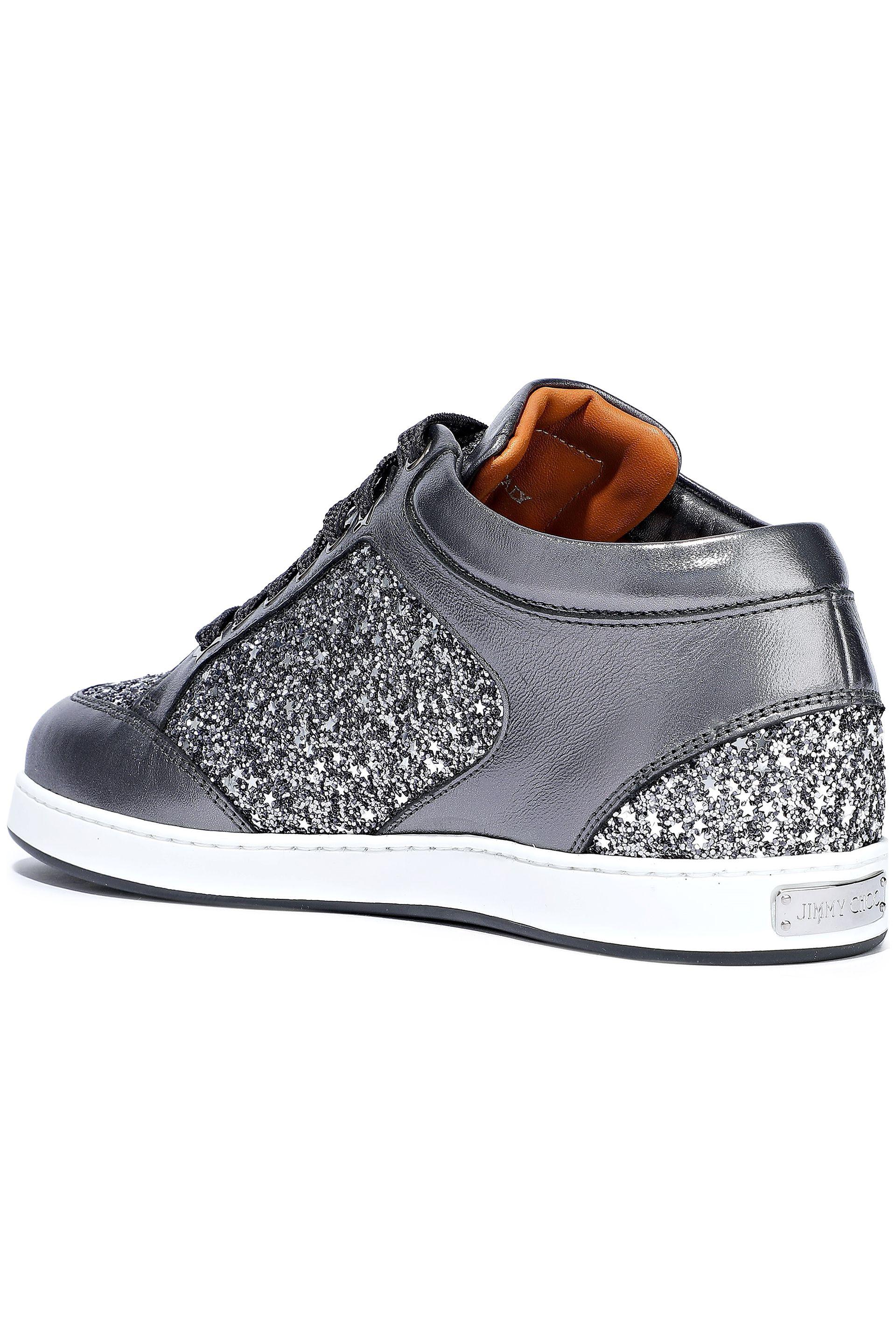 Jimmy Choo Woman Miami Glittered Metallic Leather Sneakers Gunmetal Lyst