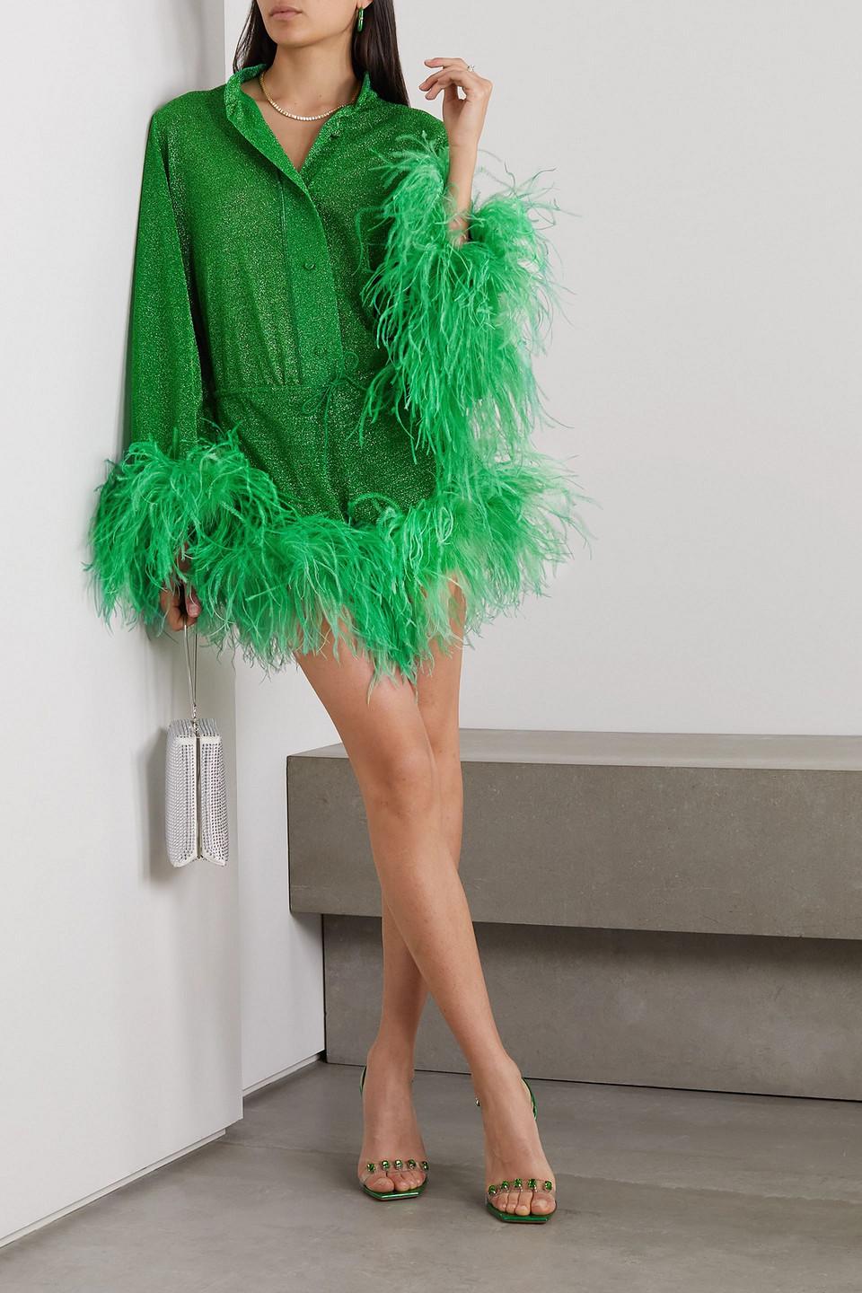 Osree Lumire Feather-trimmed Metallic Stretch-knit Shorts in Green | Lyst Osree Lumire Feather-trimmed Metallic Stretch-knit Shorts in Green | Lyst