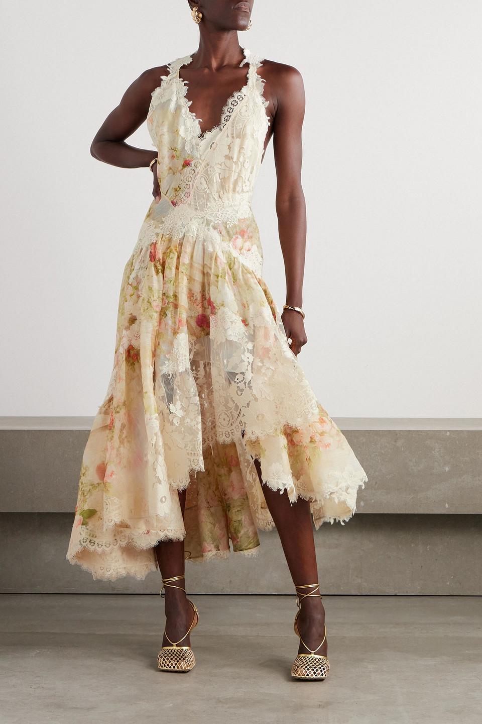 Zimmermann Asymmetric Lace-trimmed Floral-print Linen And Silk-blend Maxi  Dress in Natural | Lyst UK