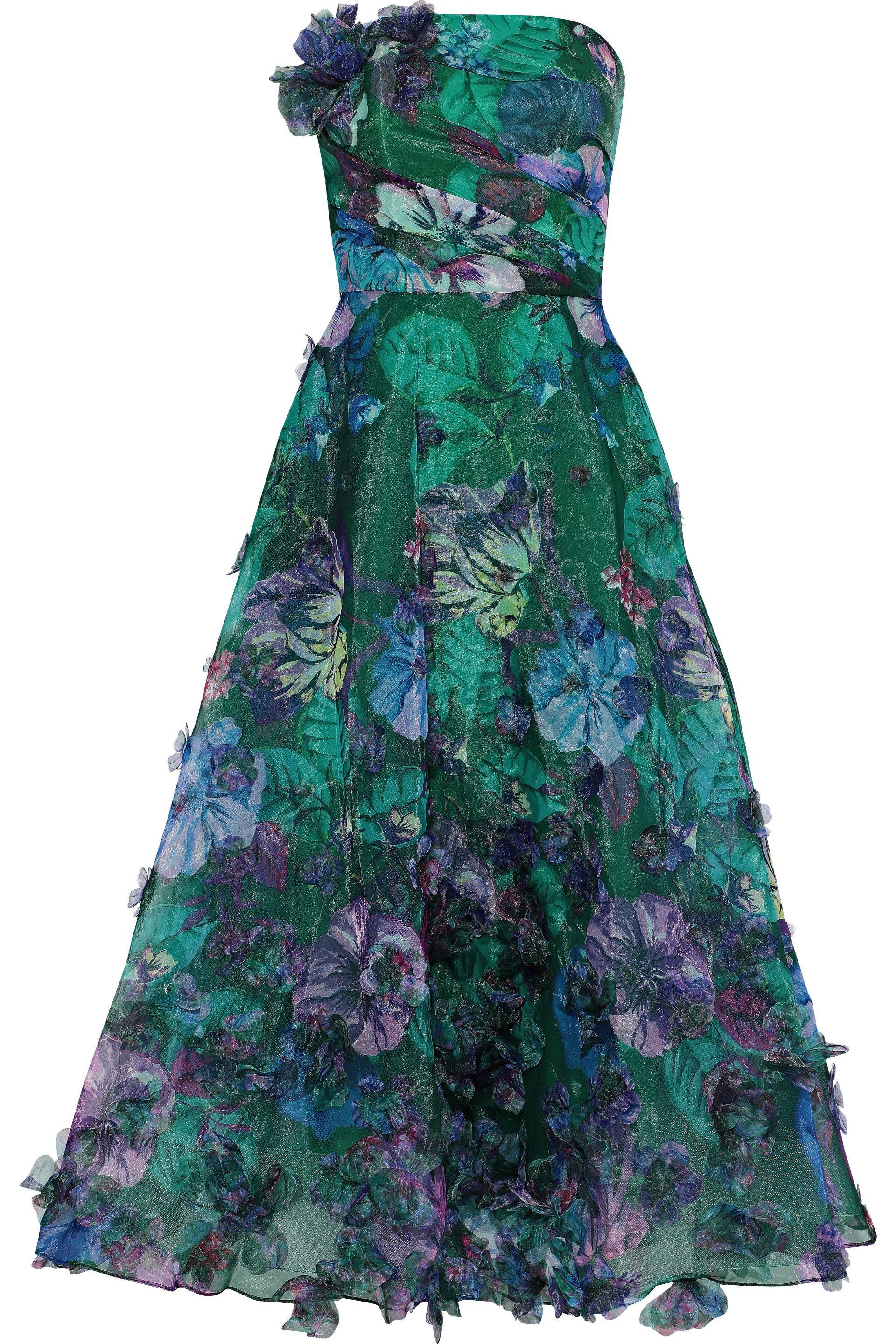 Marchesa Strapless Appliquéd Floral-print Organza Gown Emerald in Green ...