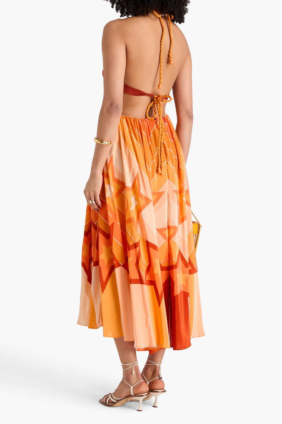 FARM Rio Cutout Printed Satin-crepe Halterneck Midi Dress in Orange | Lyst  Canada
