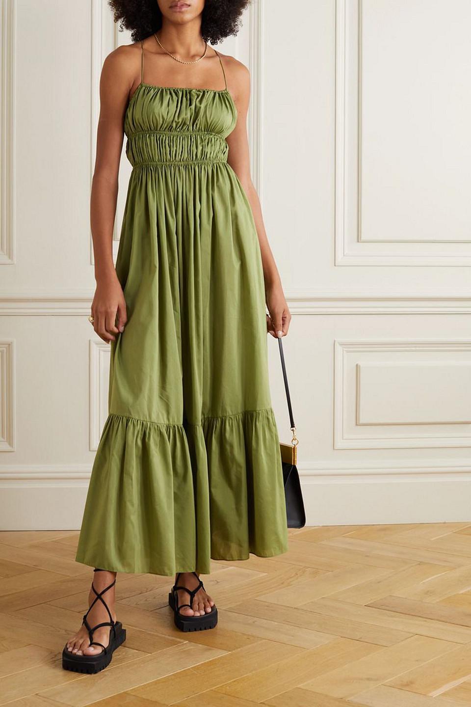 Matteau Shirred Cotton And Silk-blend Maxi Dress in Green | Lyst Australia