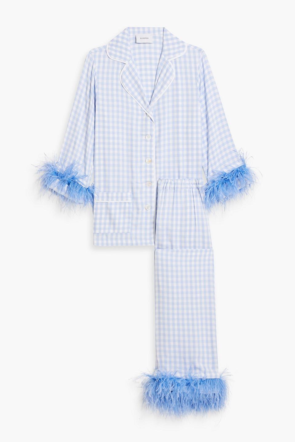 Sleeper Party Checked Feather embellished Twill Pajama Set in Blue