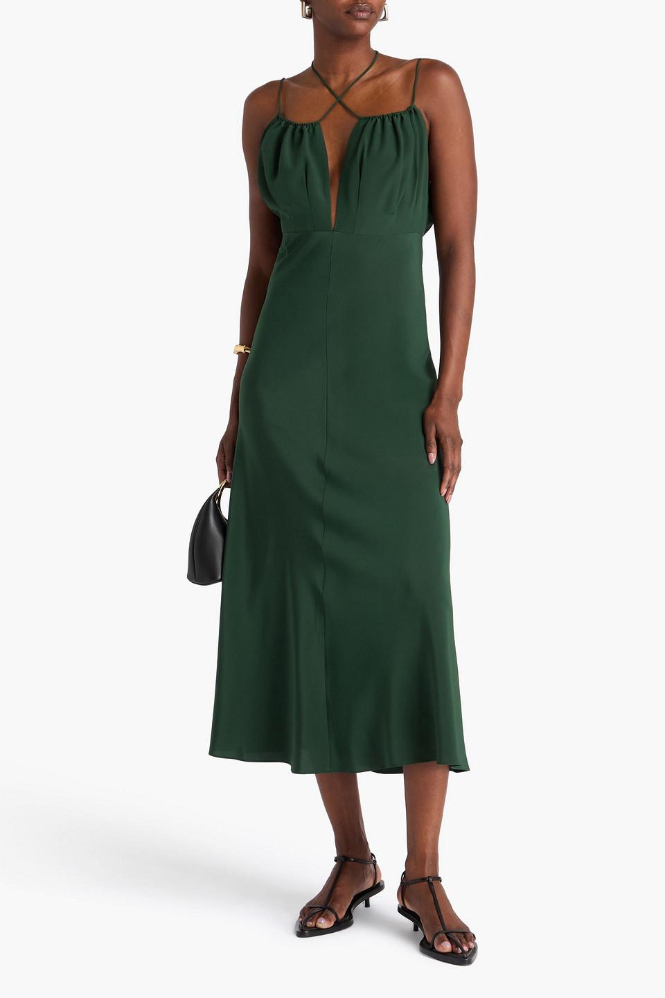 green emerald velvet dress V-Neck Slip Dress, Bottle Green  Kick Pleat