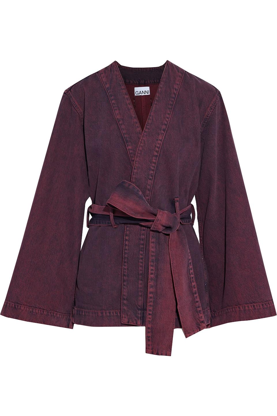 Ganni Belted Acid-wash Denim Kimono, Plain Pattern in Plum (Purple) - Lyst