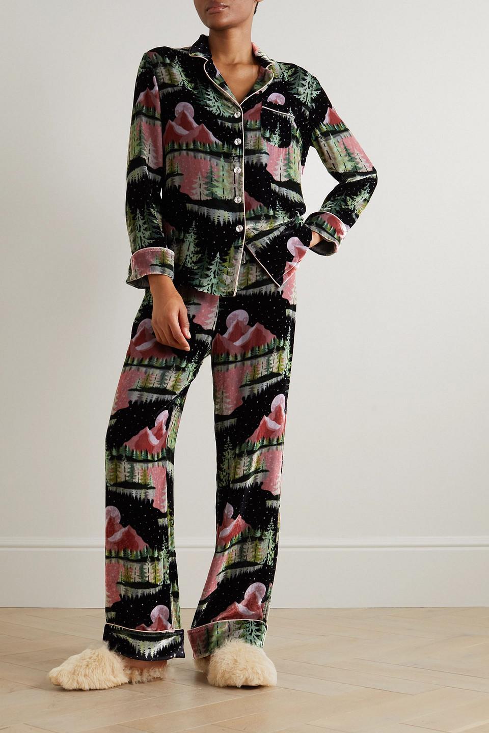 Olivia Von Halle Lila Printed Silk Satin trimmed Velvet Pajama Set in Black Lyst UK