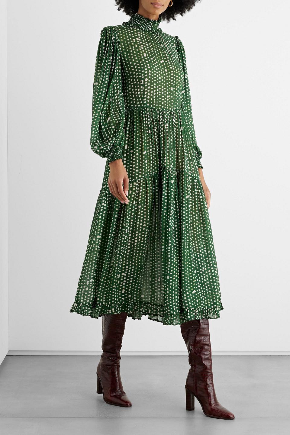 Iris & Ink Amelia Tiered Polka-dot Gauze Midi Dress in Green | Lyst
