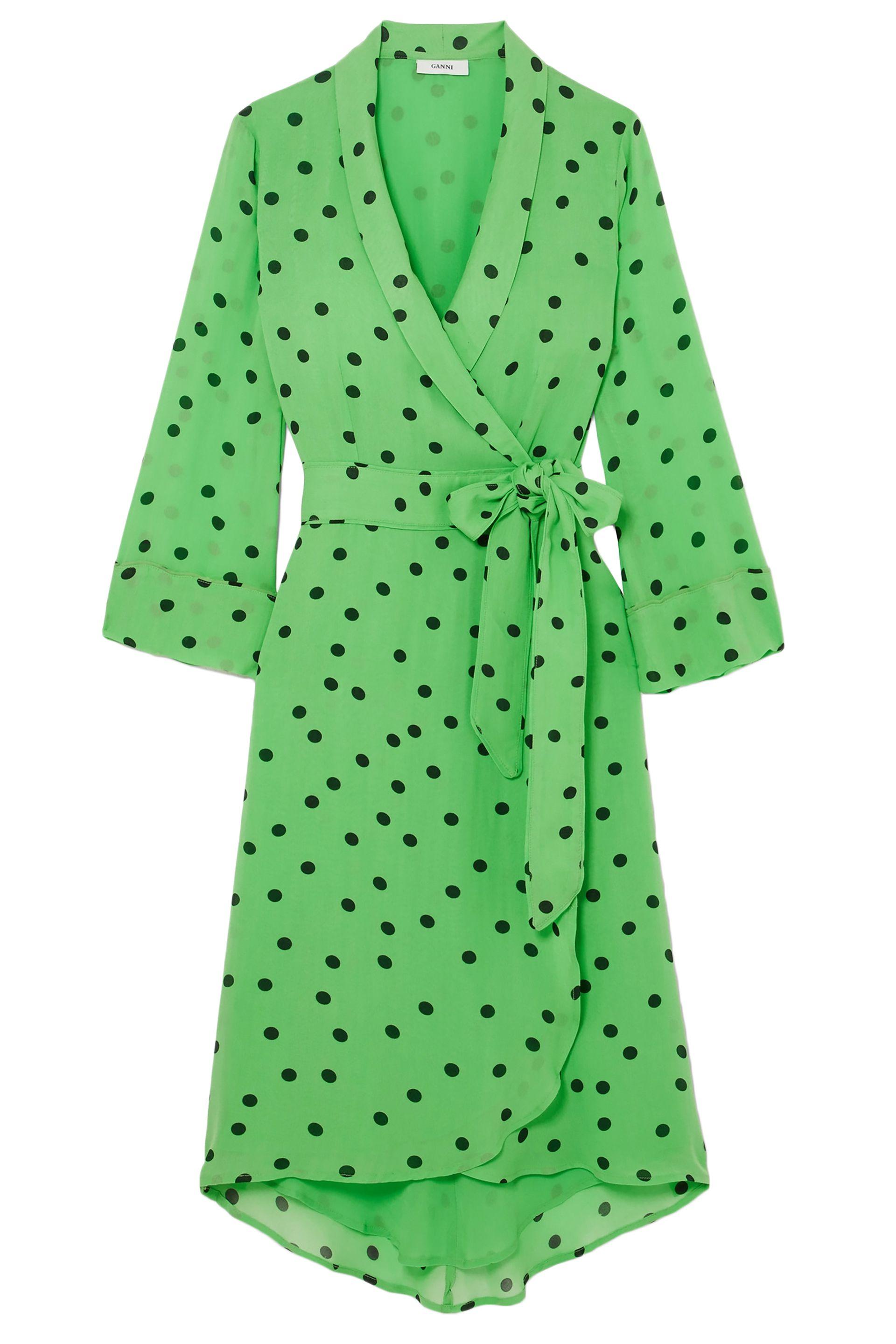 Ganni Polka-dot Georgette Wrap Dress Bright Green - Save 36% - Lyst