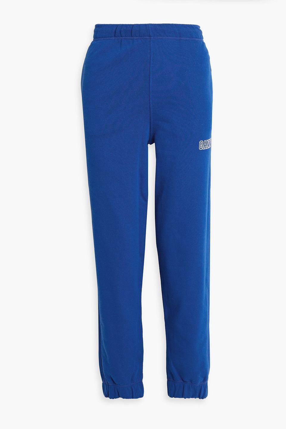 Ganni Embroidered French Cotton-blend Terry Track Pants in Blue | Lyst