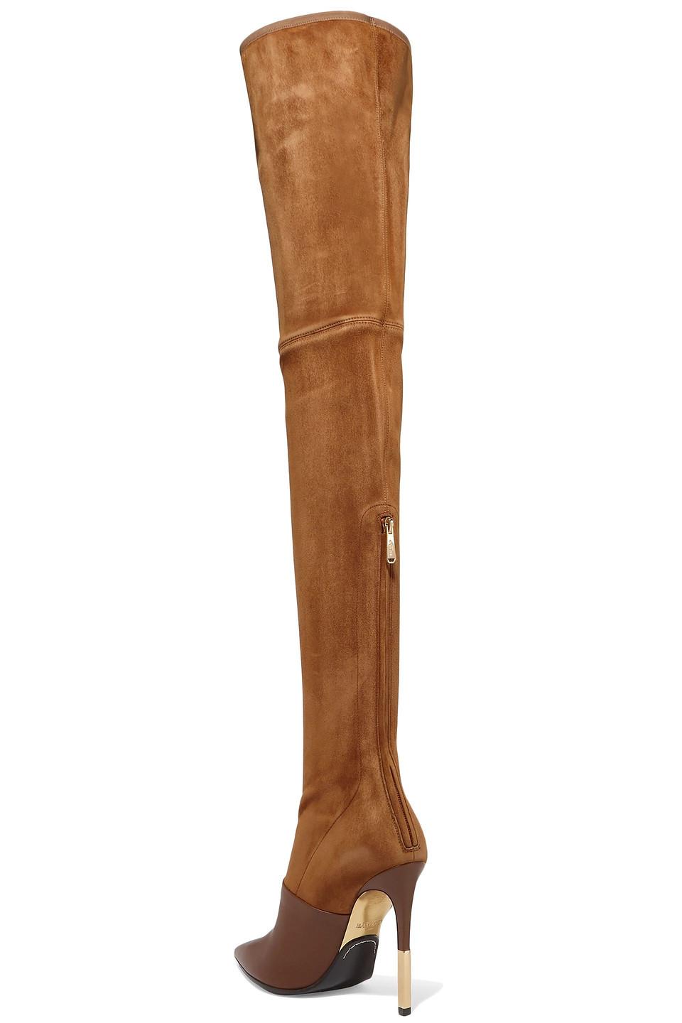 Balmain Amazone Leather-paneled Stretch-suede Thigh Boots Camel | Lyst