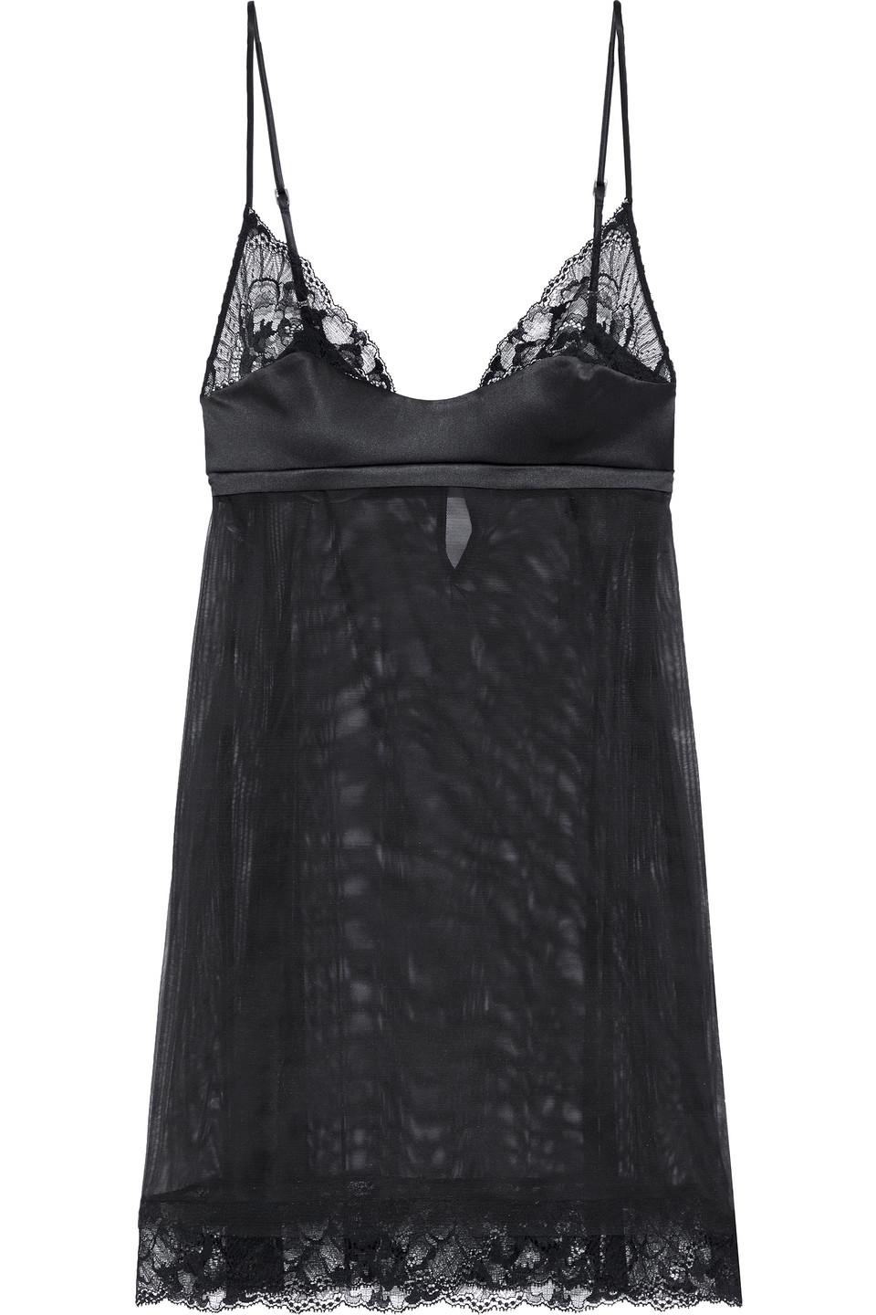 La Perla Adele Satin And Lace-trimmed Stretch-tulle Chemise in Black | Lyst