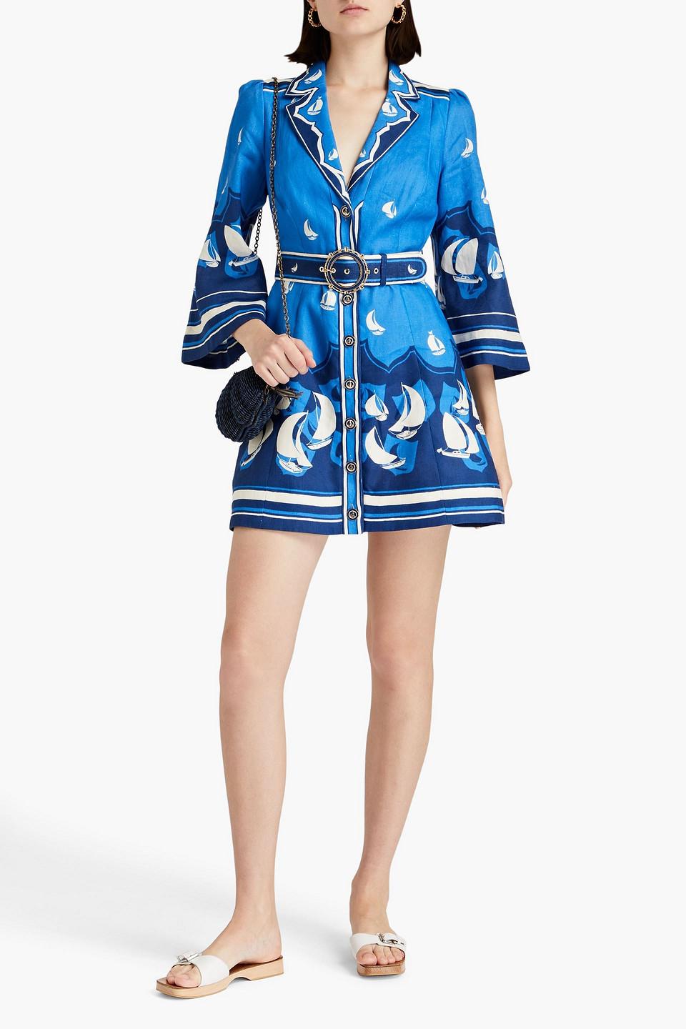 Zimmermann Belted Printed Linen Mini Shirt Dress in Blue | Lyst