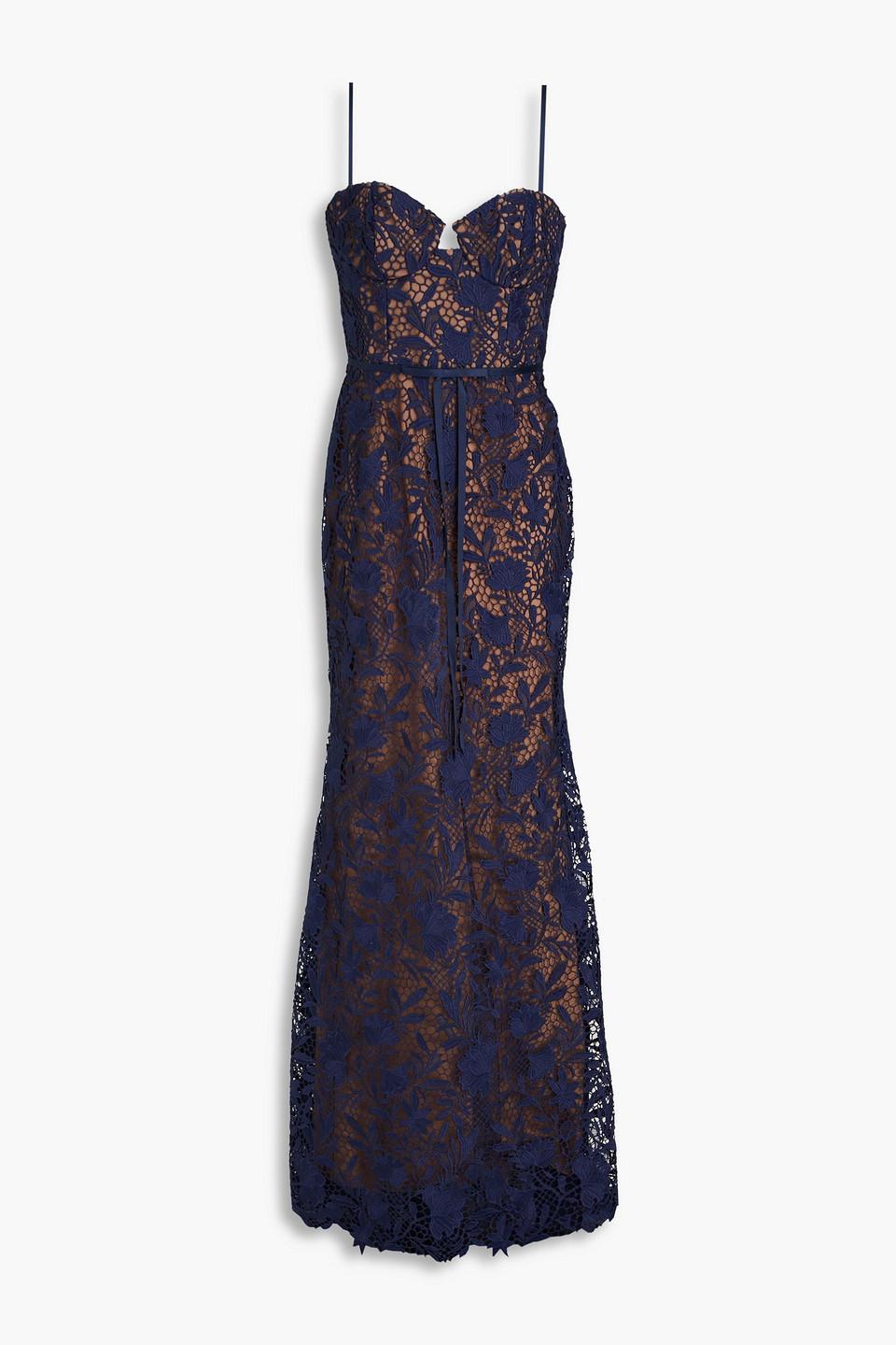 Marchesa Satin-trimmed Guipure Lace And Tulle Gown in Blue | Lyst Marchesa Satin-trimmed Guipure Lace And Tulle Gown in Blue | Lyst