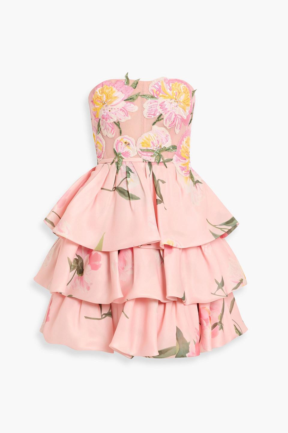 strapless floral organza mini dress Strapless Floral Organza Mini Dress