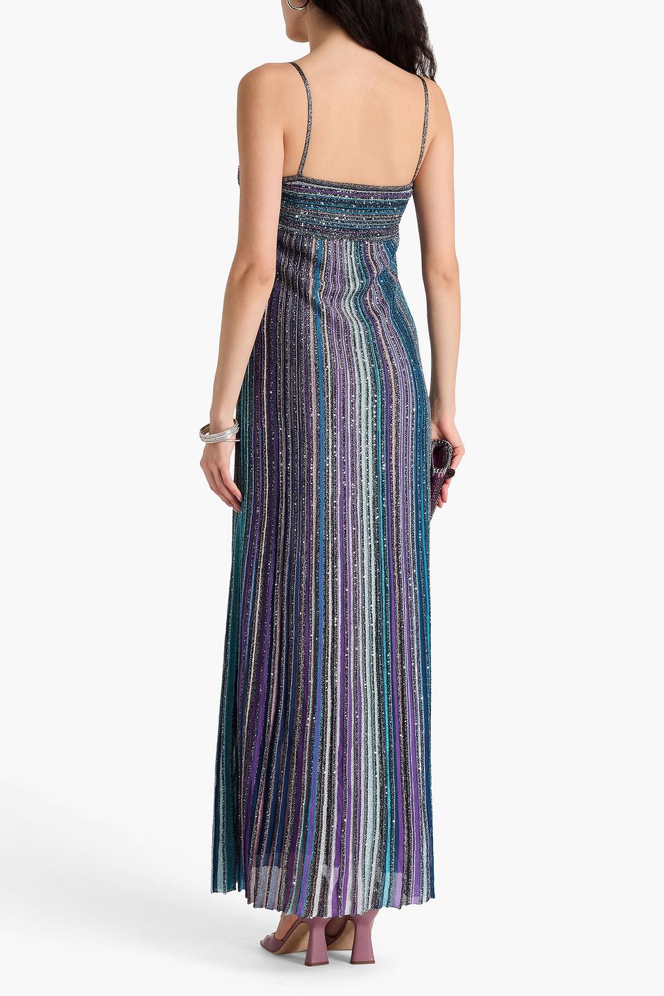 missoni sequin embellished striped crochet knit maxi dress Missoni Sequin-embellished Striped Ribbed-knit Maxi Dress in Blue