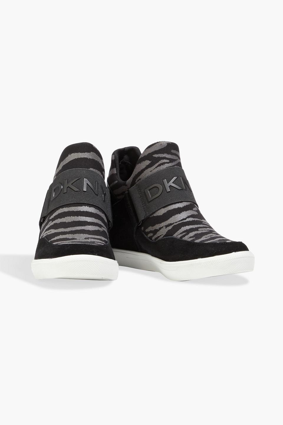DKNY Cosmos Zebra-print Stretch-knit Wedge Sneakers in Black | Lyst