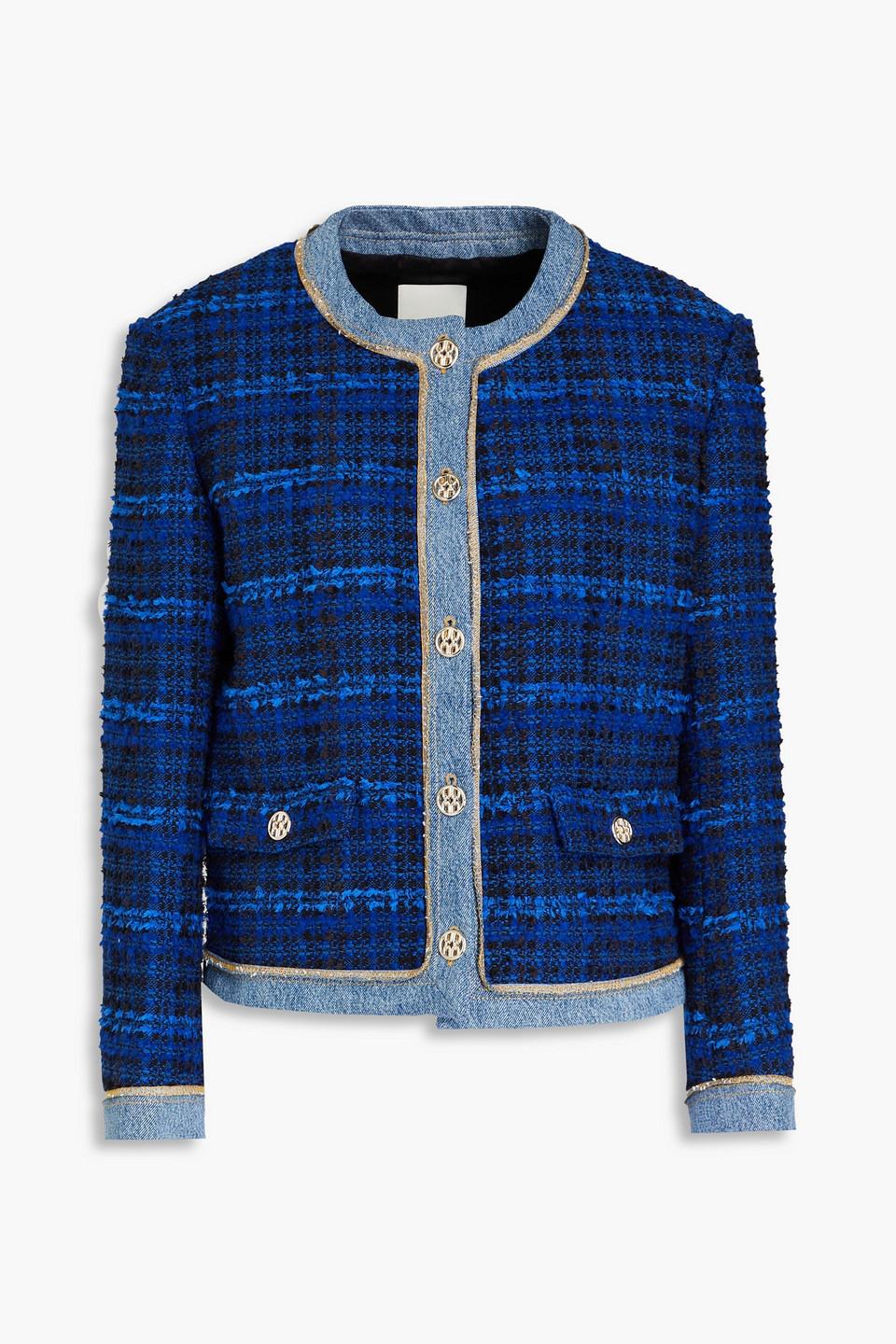 Sandro Asti Denim-trimmed Cotton-blend Bouclé-tweed Jacket in Blue