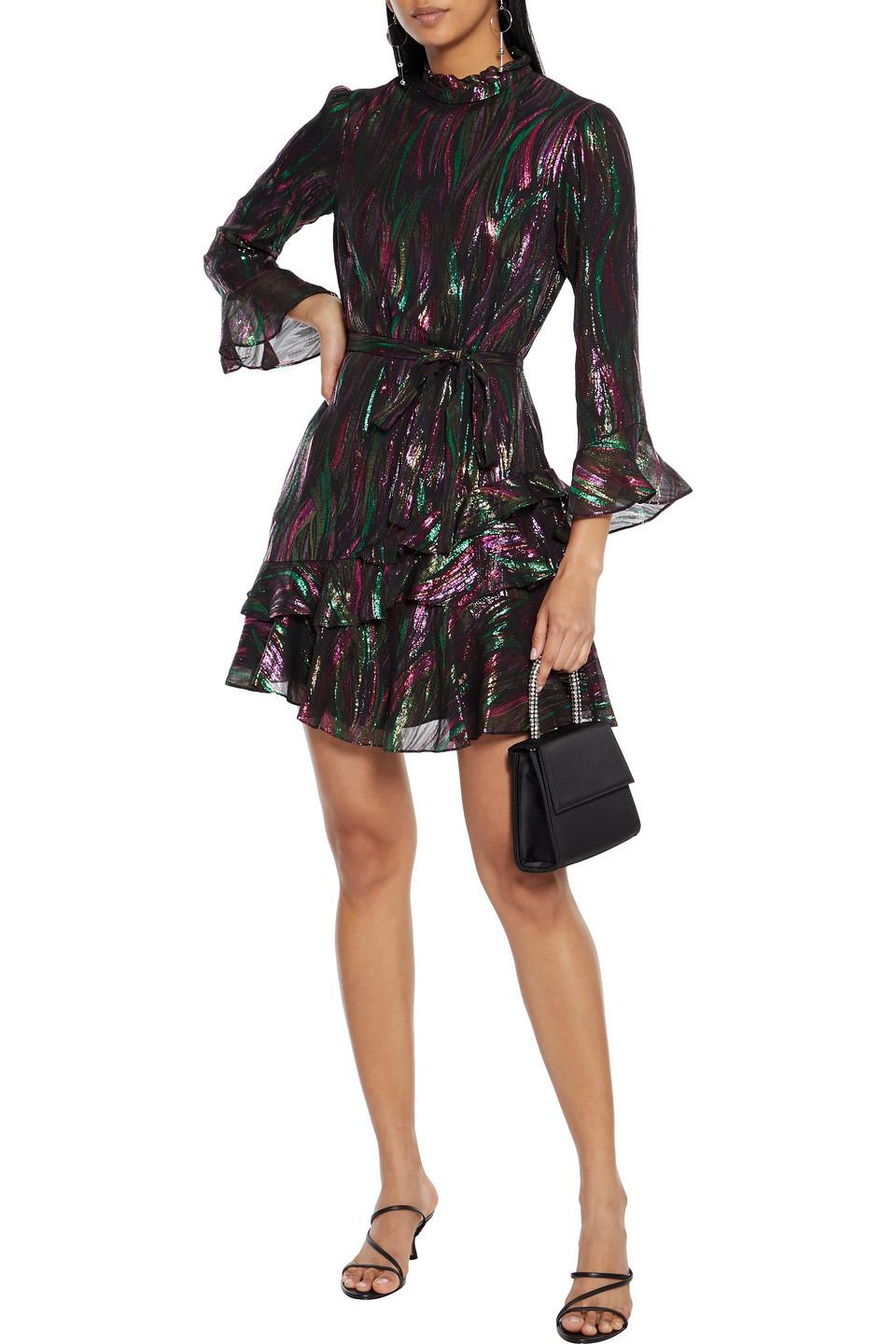 Saloni Marissa Ruffled Metallic Silk-blend Jacquard Mini Dress in Black
