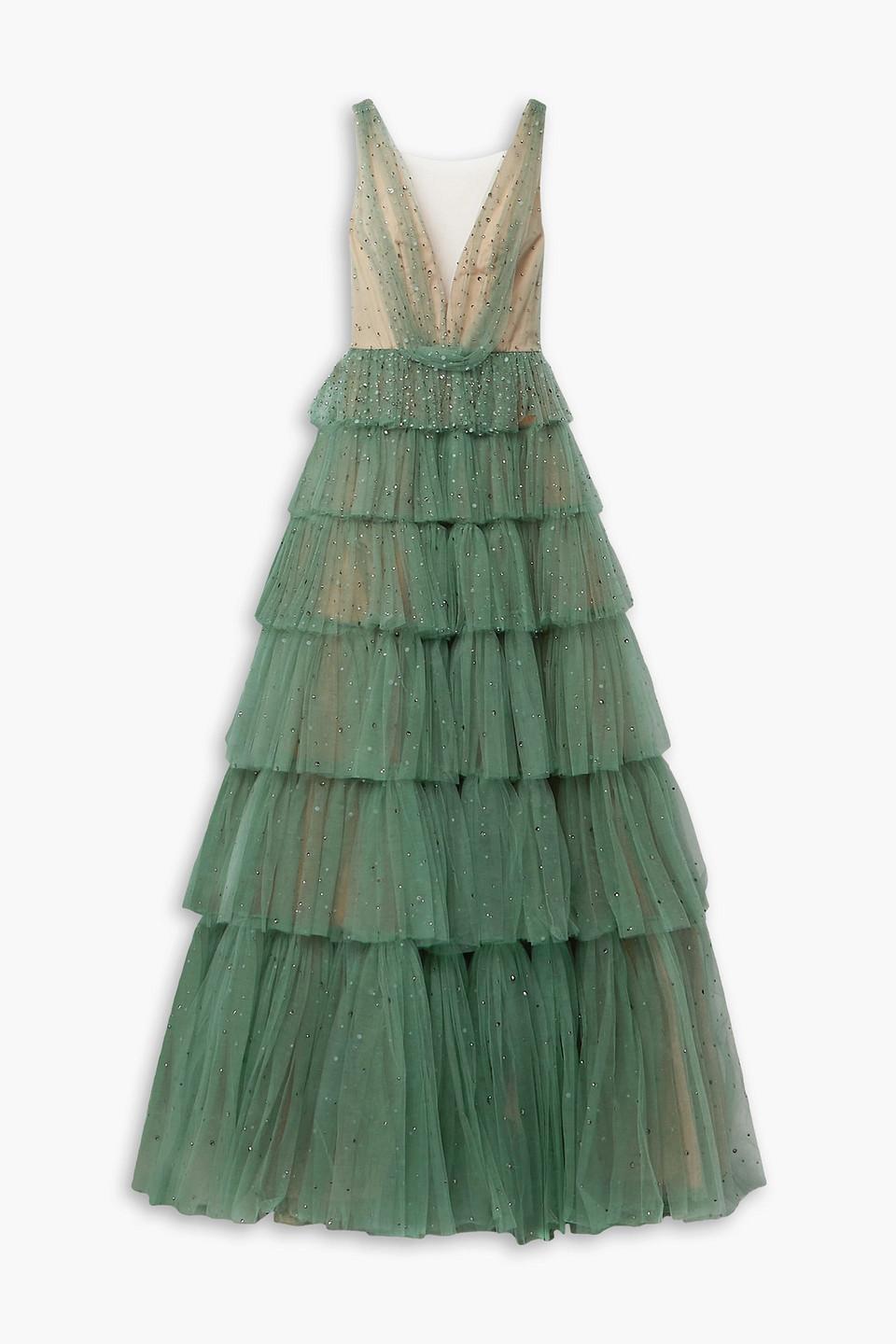 Marchesa Tiered Crystal-embellished Tulle Gown in Green | Lyst