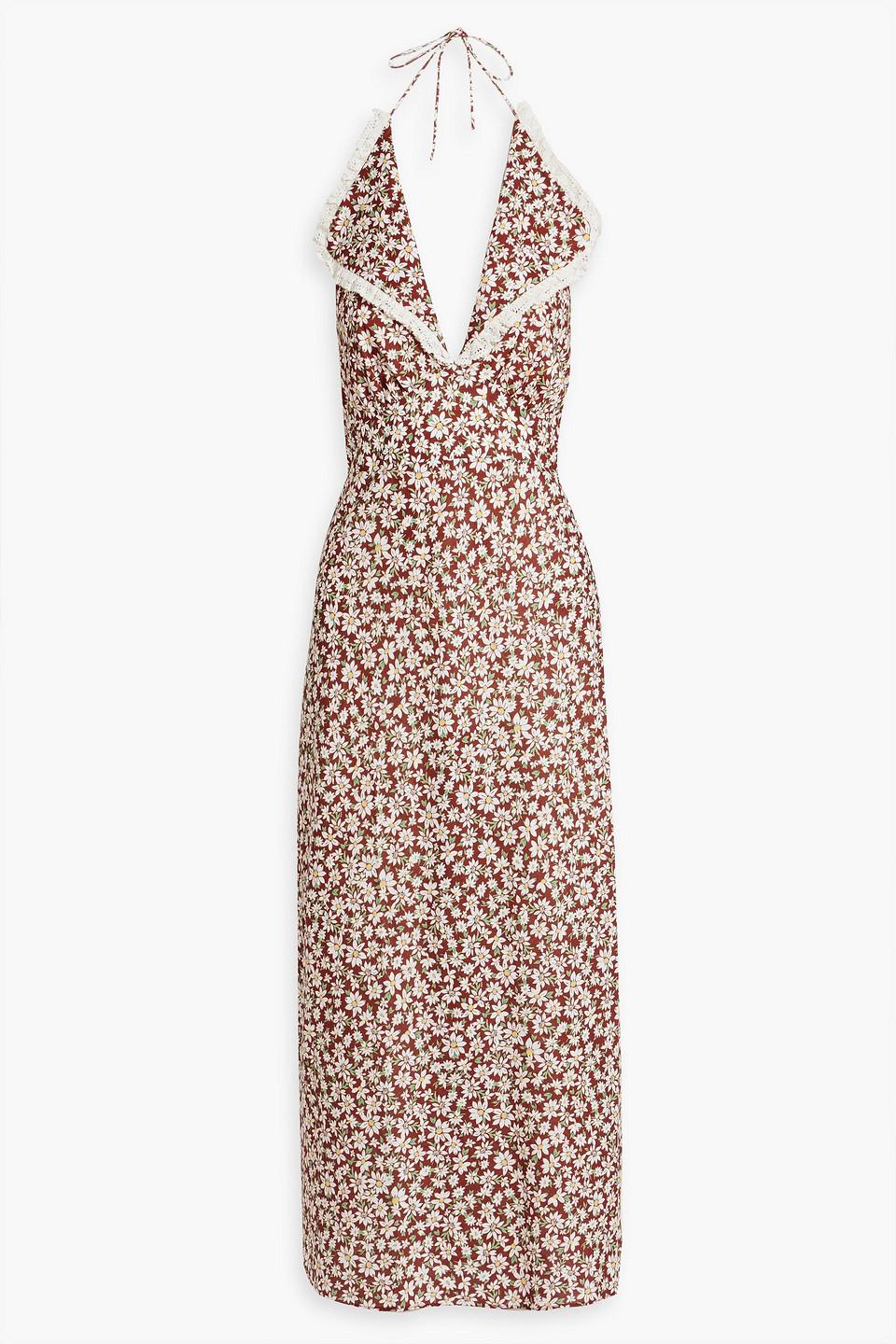 RIXO London Sabrina Floral-print Cotton And Linen-blend Halterneck Midi  Dress in Brown | Lyst