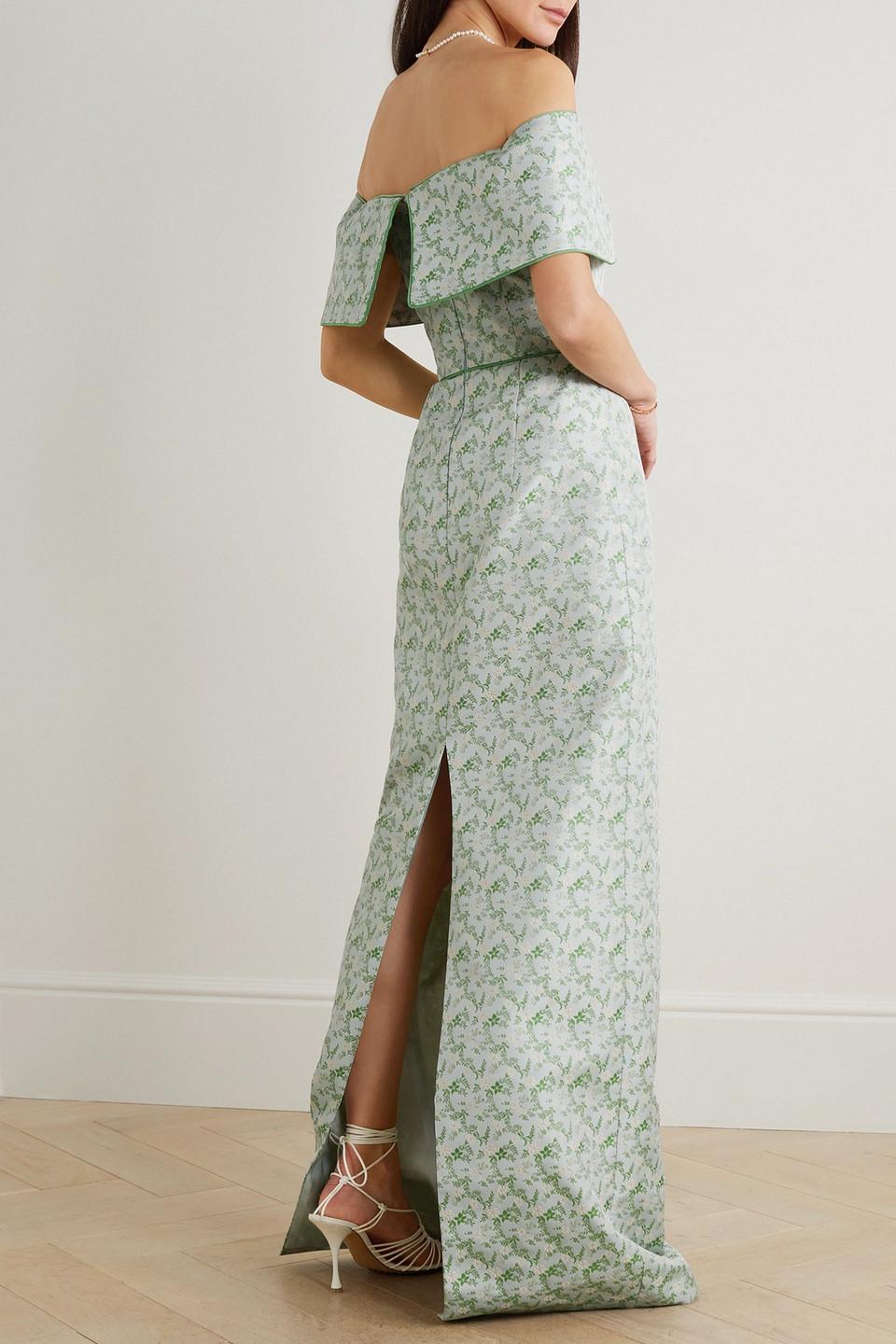 slim fit dress slacks Coco Pistachio Green Floral Jersey Long Sleeve Gown  Markarian
