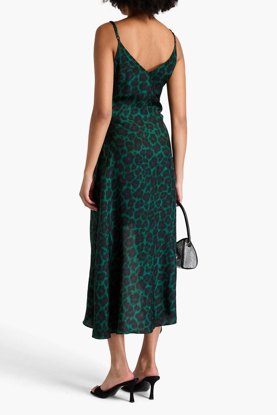 Sandro Ruched Leopard-print Satin-twill Midi Dress in Green