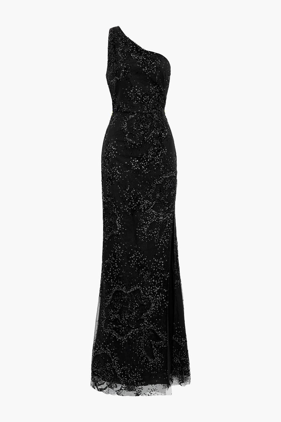Glitter tulle one-shoulder top midi dress marchesa notte