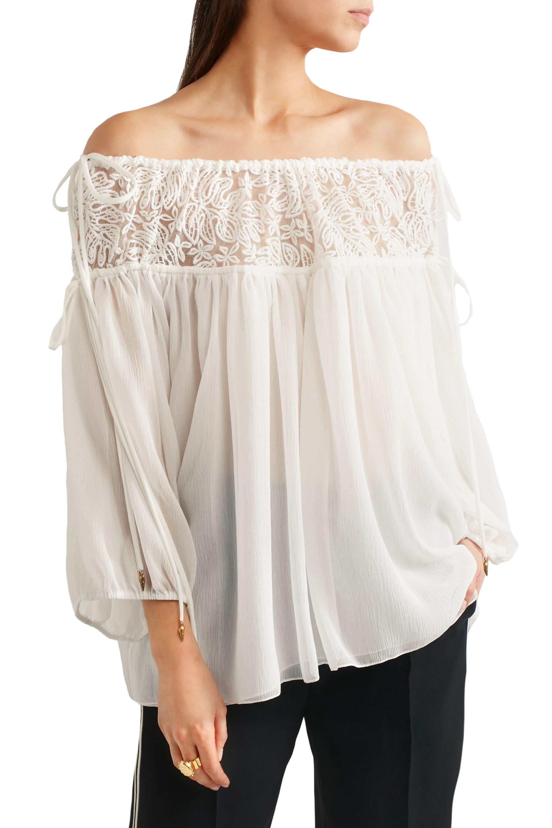 Chloé Chloé Off-the-shoulder Embroidered Tulle And Silk-crepon Blouse ...