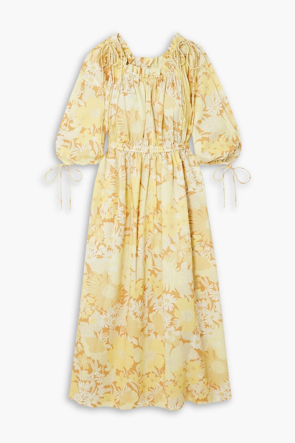 Oroton Gathered Floral-print Linen Maxi Dress in Yellow | Lyst