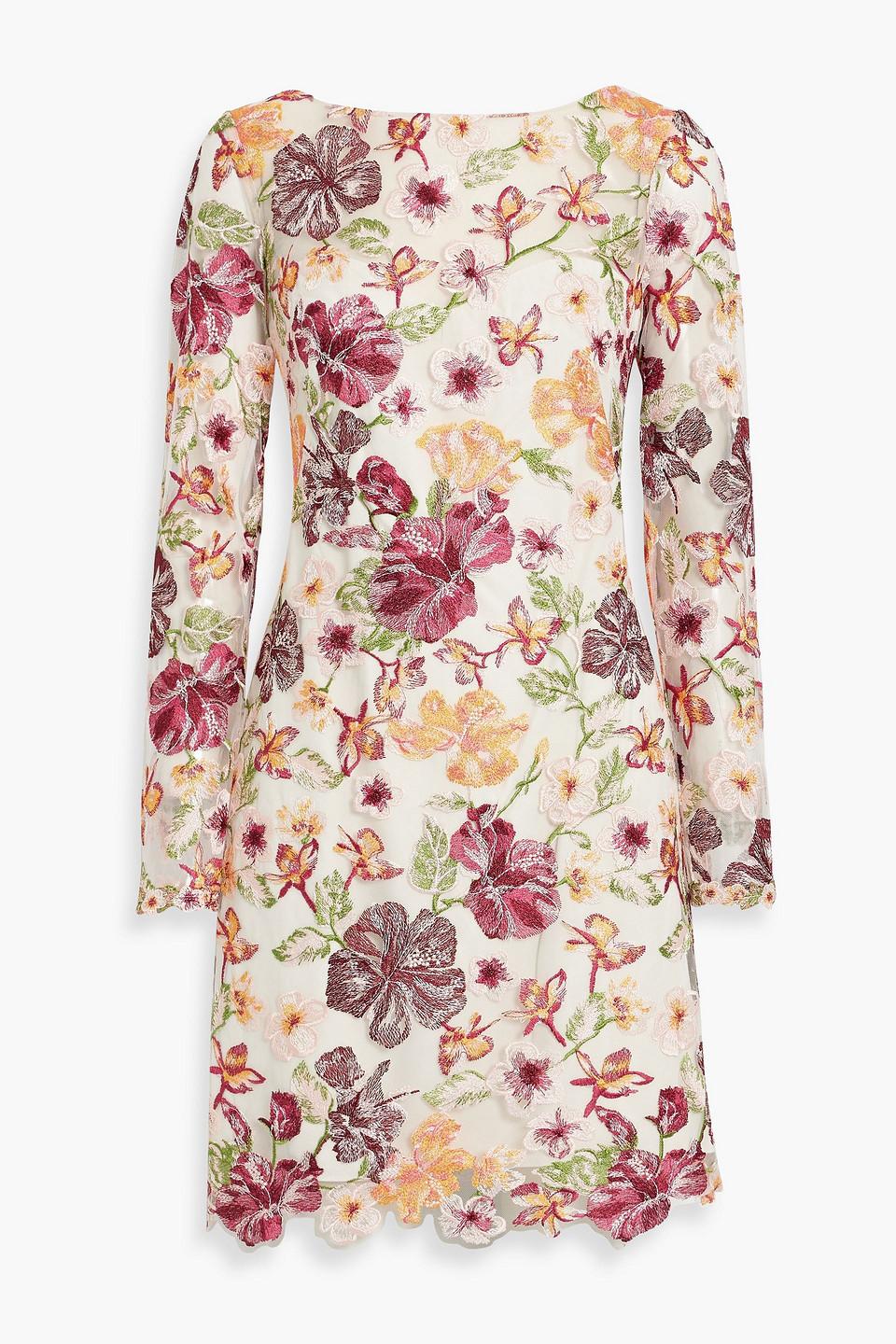 marchesa notte embroidered tulle mini dress Marchesa Notte Floral-Embroidered Illusion Tulle Mini Dress