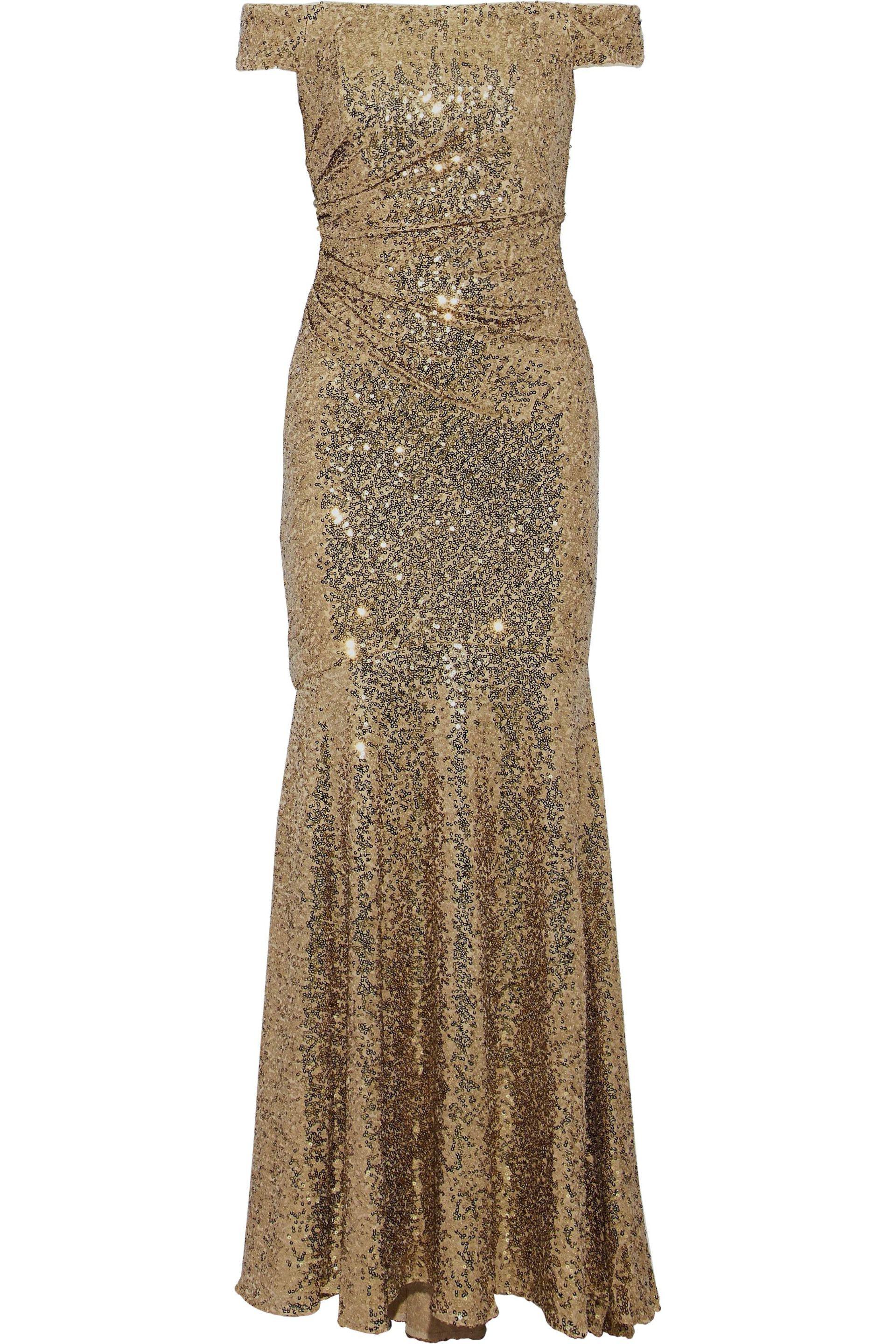 badgley mischka off the shoulder sequin gown
