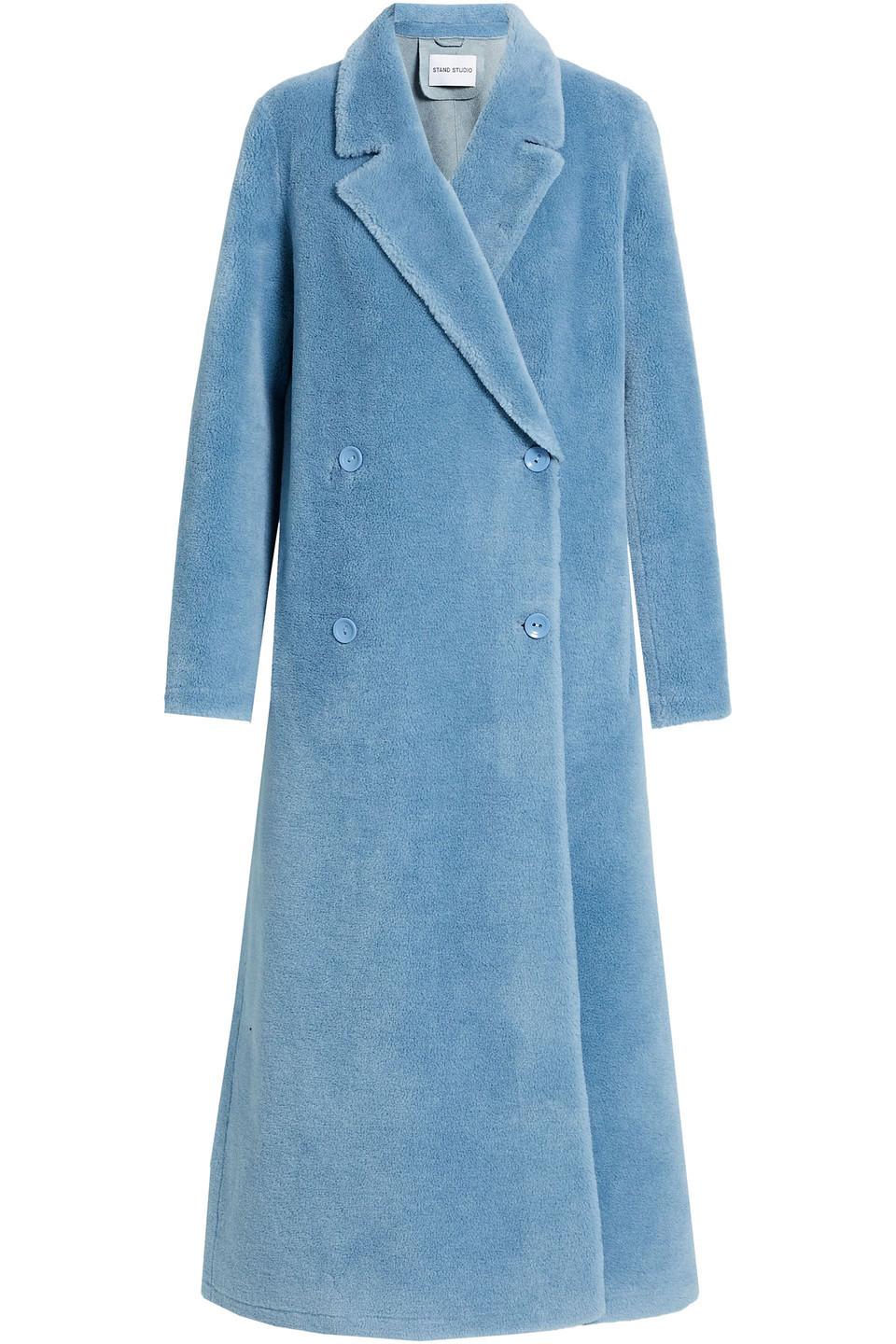 Stand Studio Wool Halle Doublebreasted Faux Shearling Coat in Blue