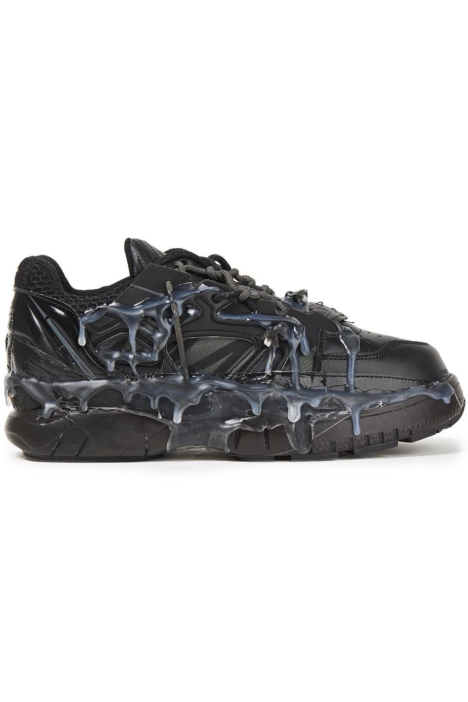 Maison Margiela Fusion Distressed Mesh-trimmed Painted Leather Sneakers in  Black | Lyst