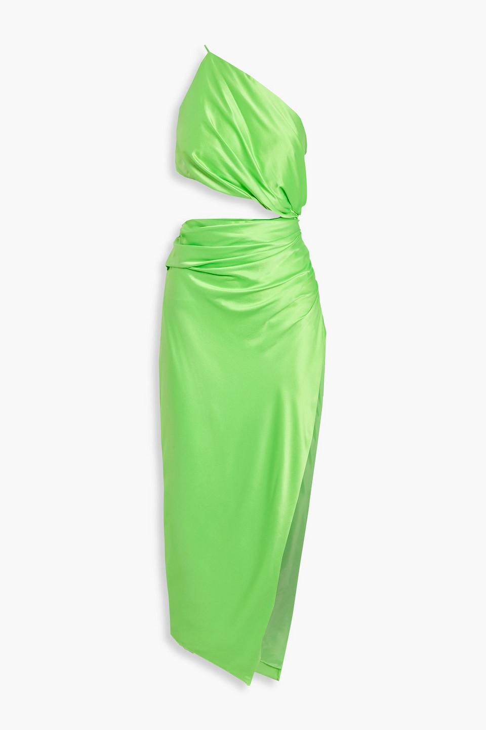 the sei one-shoulder silk satin midi dress The Sei One-shoulder Draped Cutout Silk-satin Midi Dress in Green