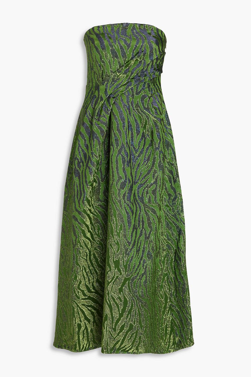 Ulla Johnson Raina Strapless Metallic Zebra-print Satin-jacquard Midi Dress  in Green | Lyst