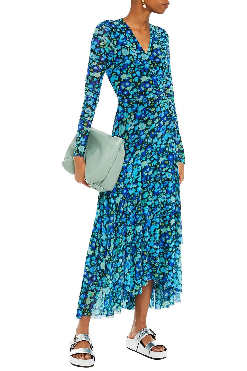 Ombord nøgle Bebrejde Ganni Floral-print Stretch-mesh Maxi Wrap Dress in Blue | Lyst