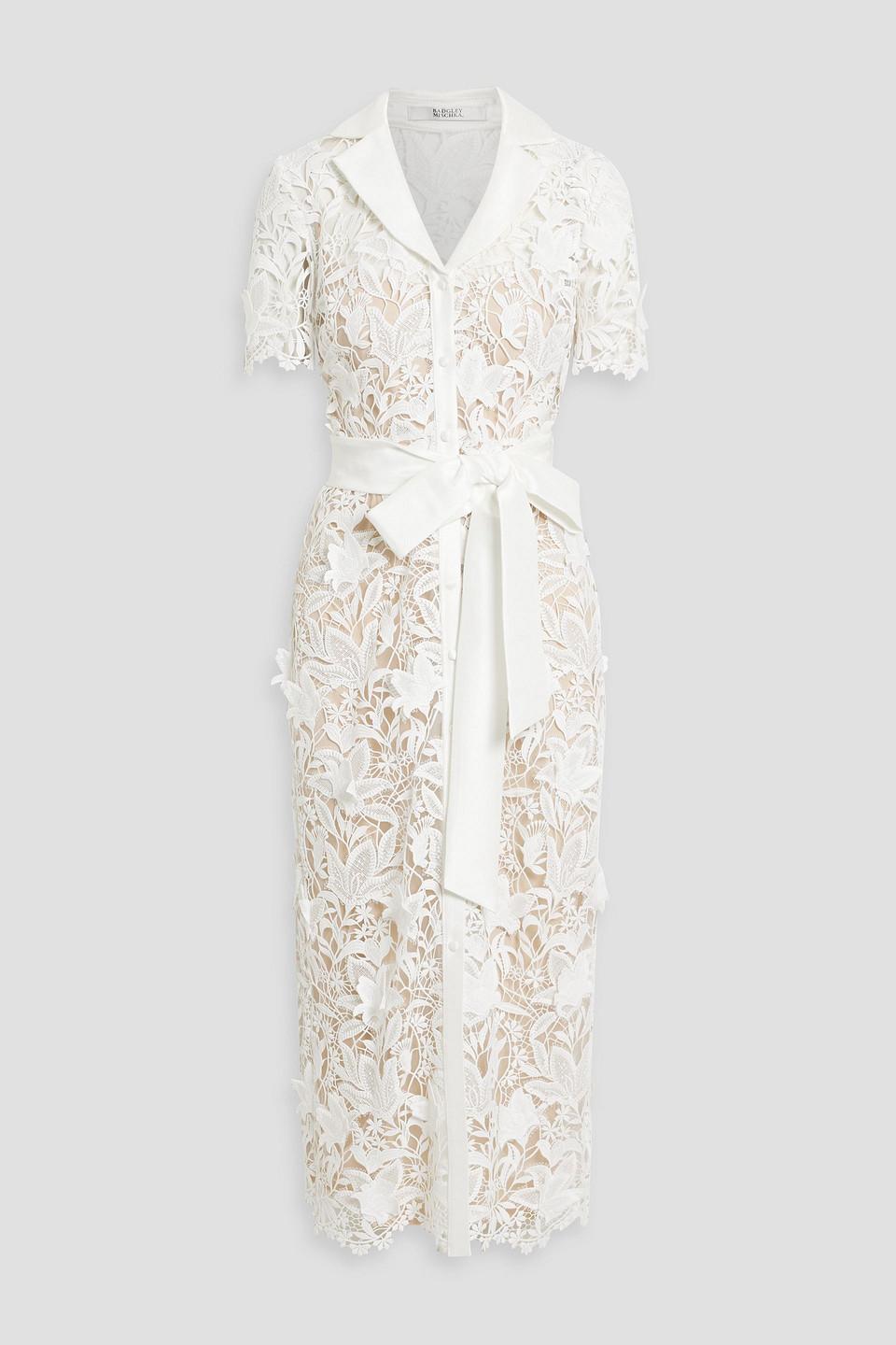 Badgley Mischka Belted Guipure Lace Midi Shirt Dress in White | Lyst
