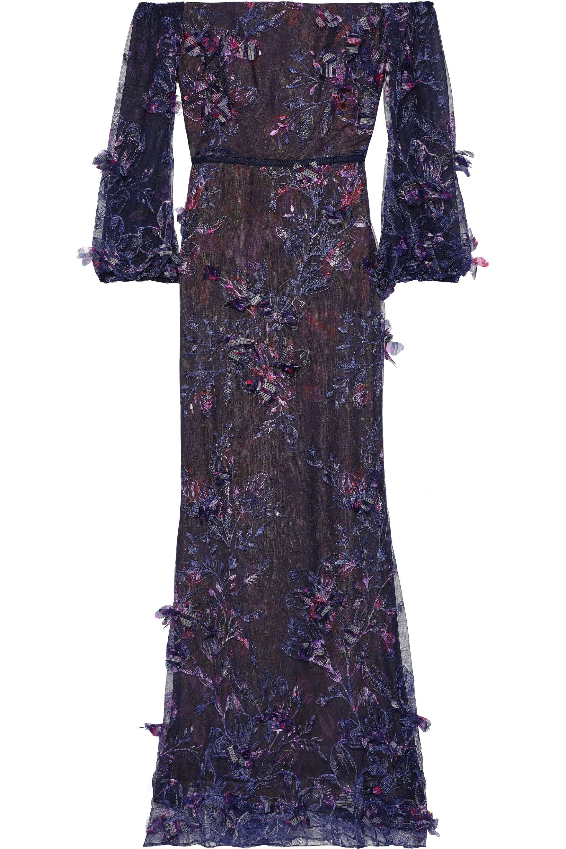 Marchesa notte Off-the-shoulder Floral-appliquéd Embroidered Tulle Gown ...