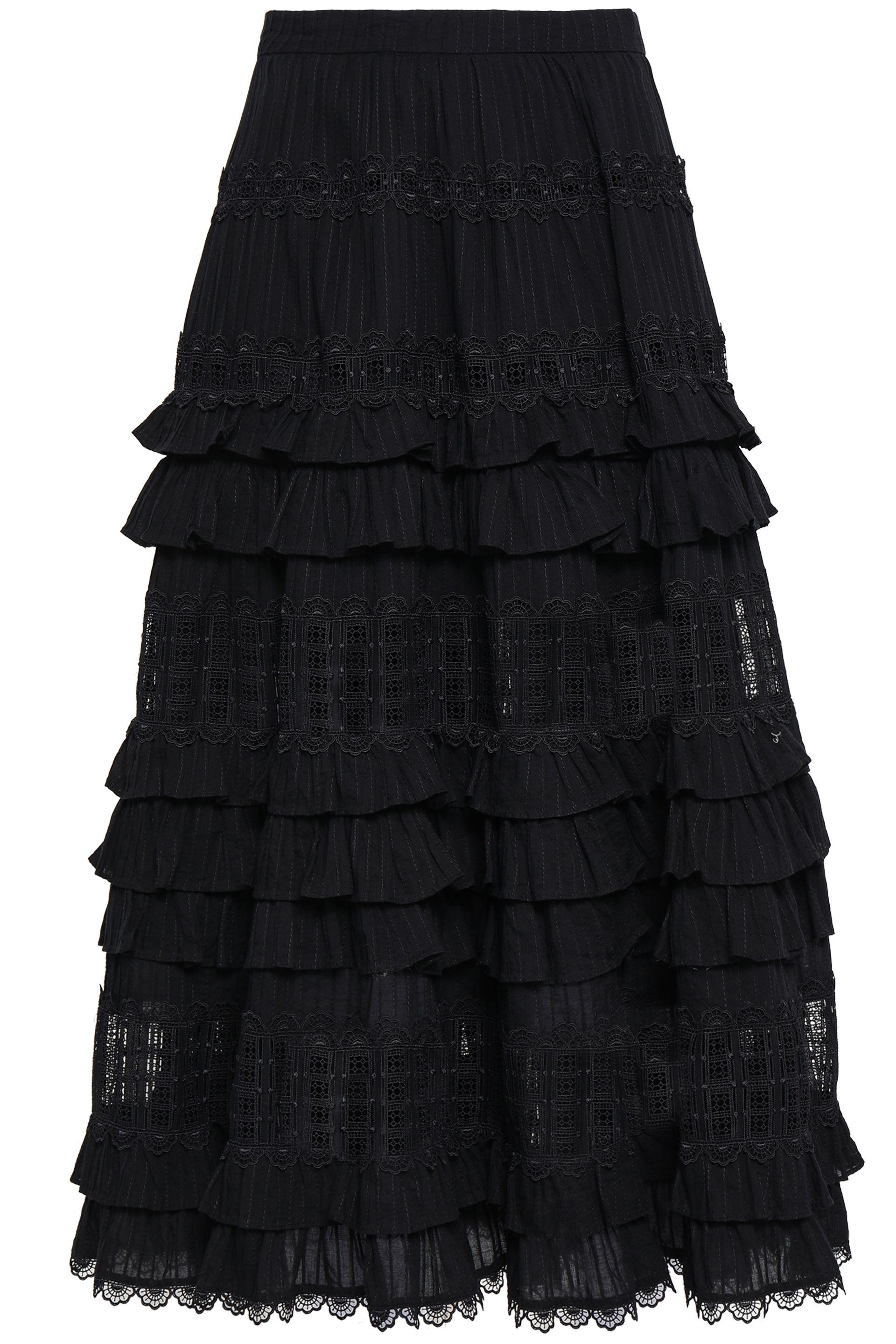 Zimmermann Tiered Lace-paneled Cotton Midi Skirt Black - Lyst