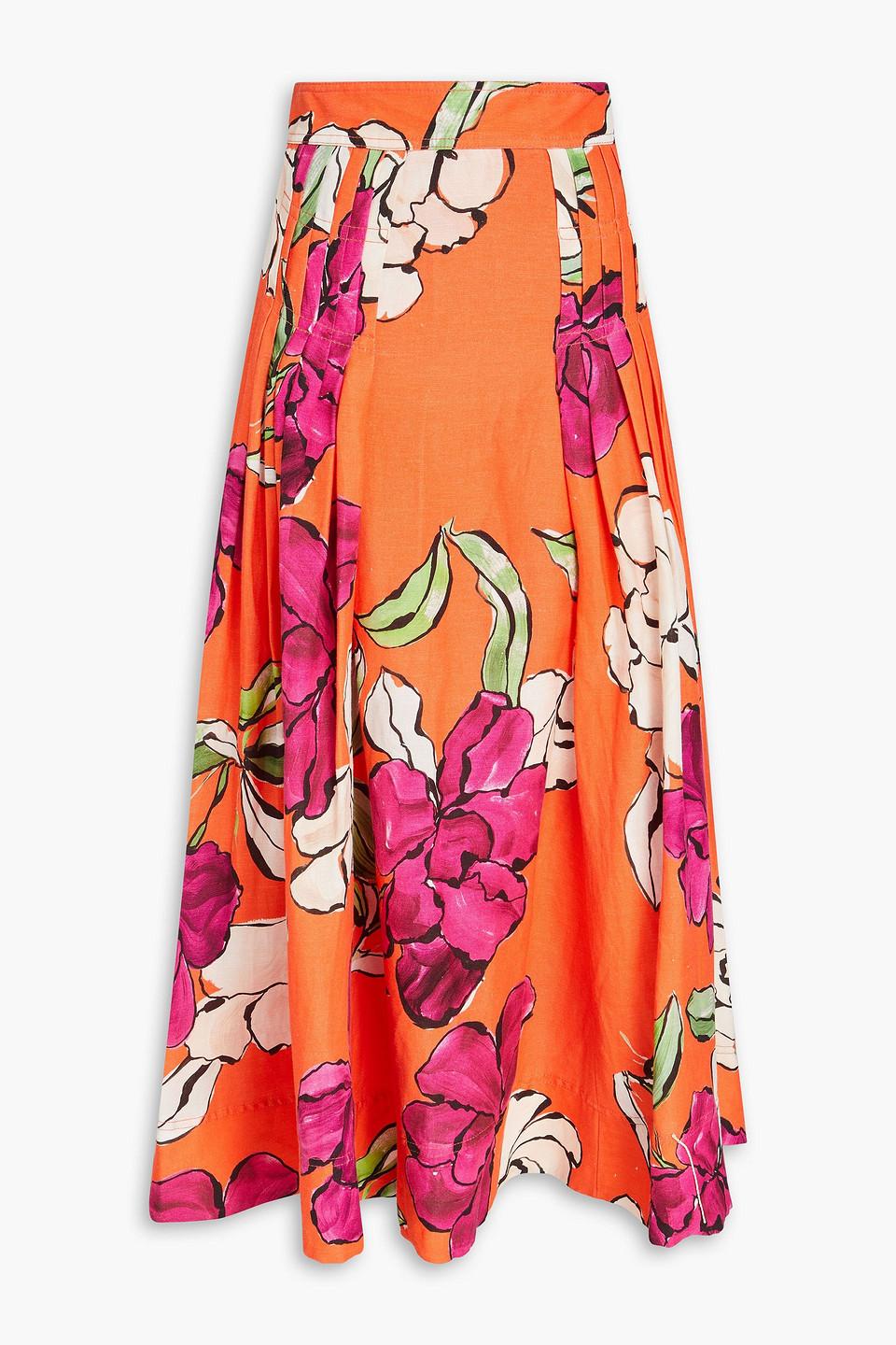 Aje. Lewis Pleated Floral-print Linen-blend Midi Skirt in