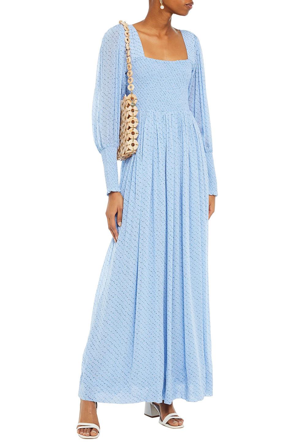 Ganni Shirred Floral-print Georgette Maxi Dress in Blue | Lyst
