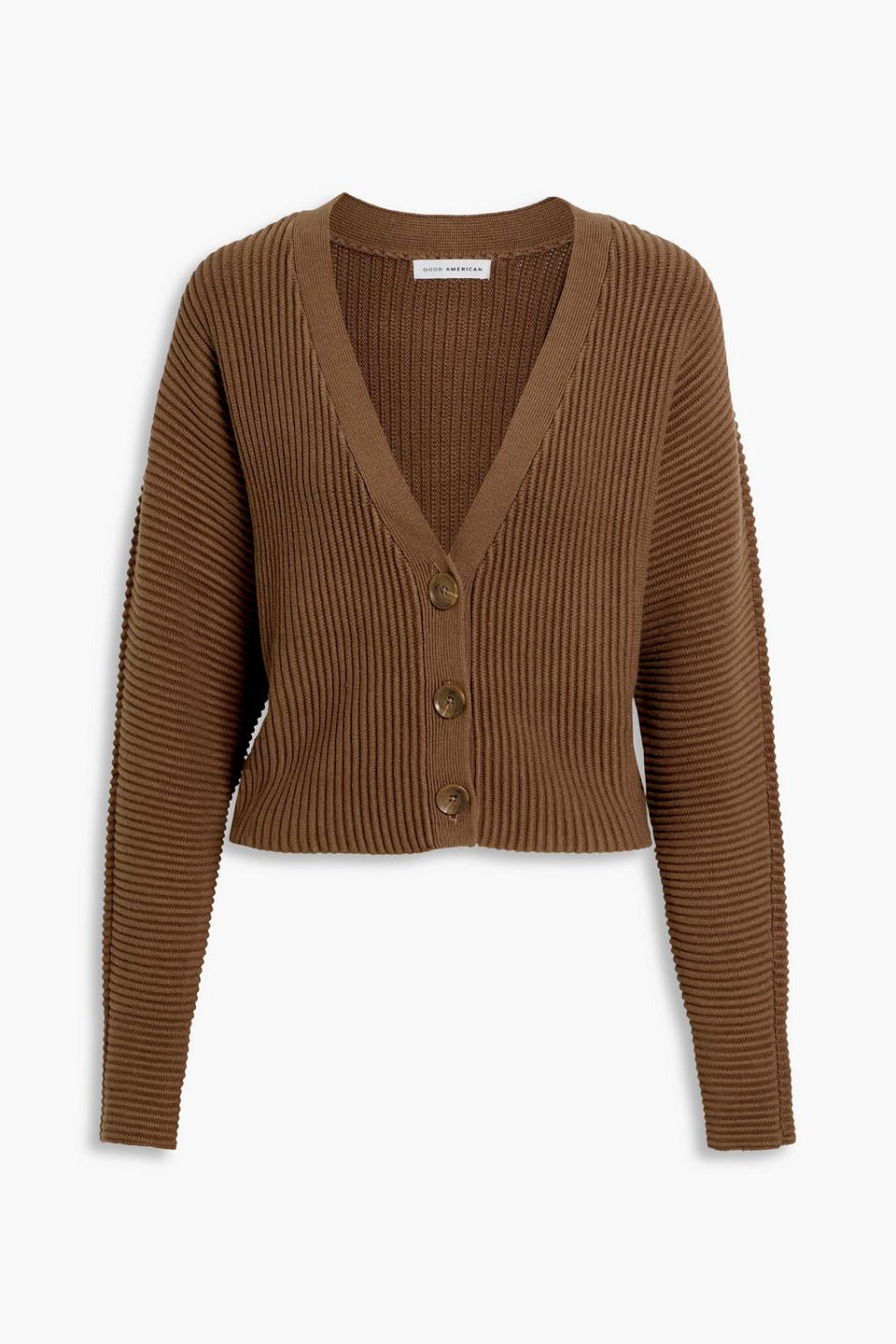 GOOD AMERICAN Ribbed Cotton-blend Cardigan in Brown | Lyst