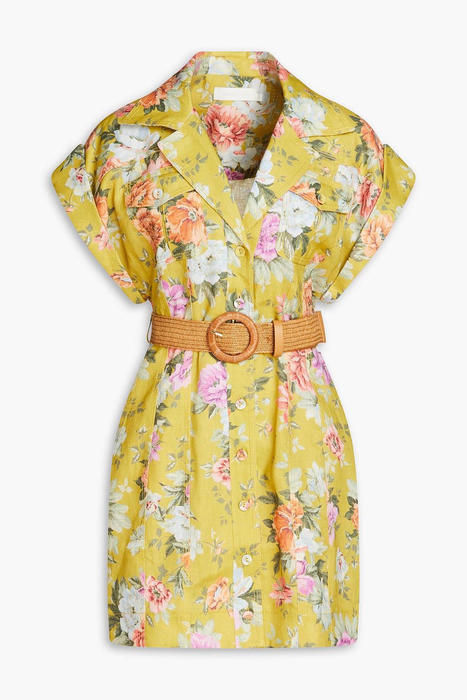 Zimmermann Belted Floral-print Linen Mini Shirt Dress in Yellow