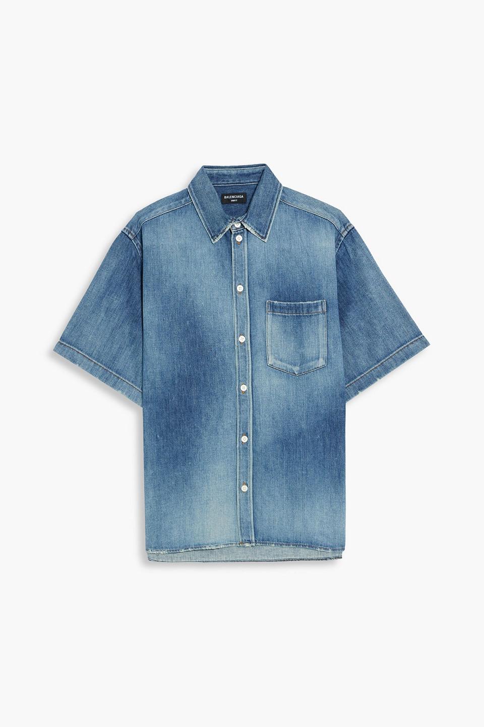 Balenciaga Logo-embroidered Distressed Denim Shirt in Blue for Men | Lyst