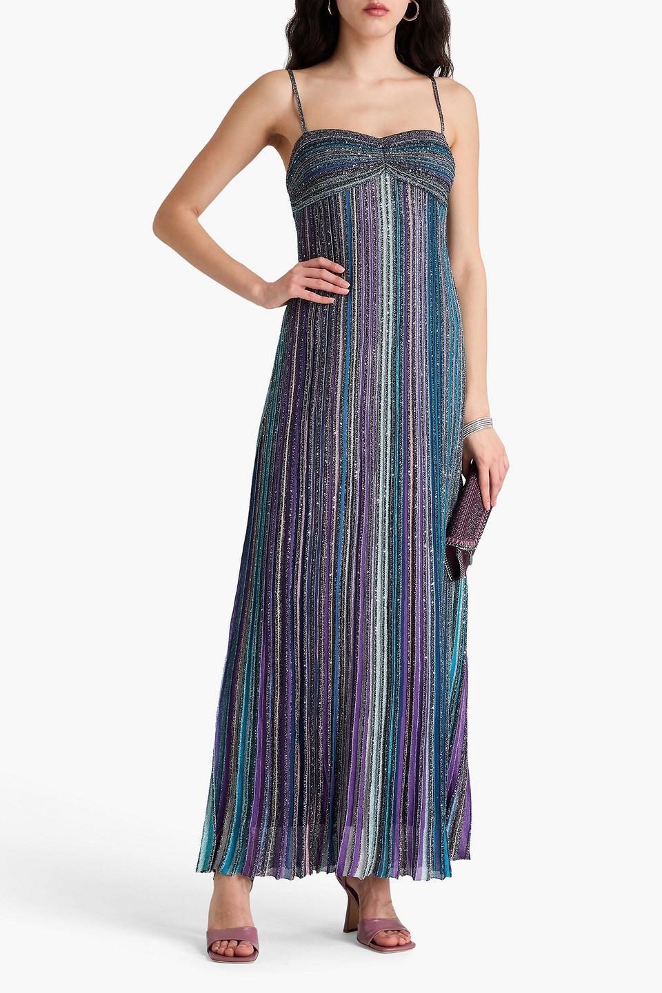 missoni sequin-embellished striped crochet-knit maxi dress MISSONI Sequin-embellished striped metallic crochet-knit turtleneck maxi  dress