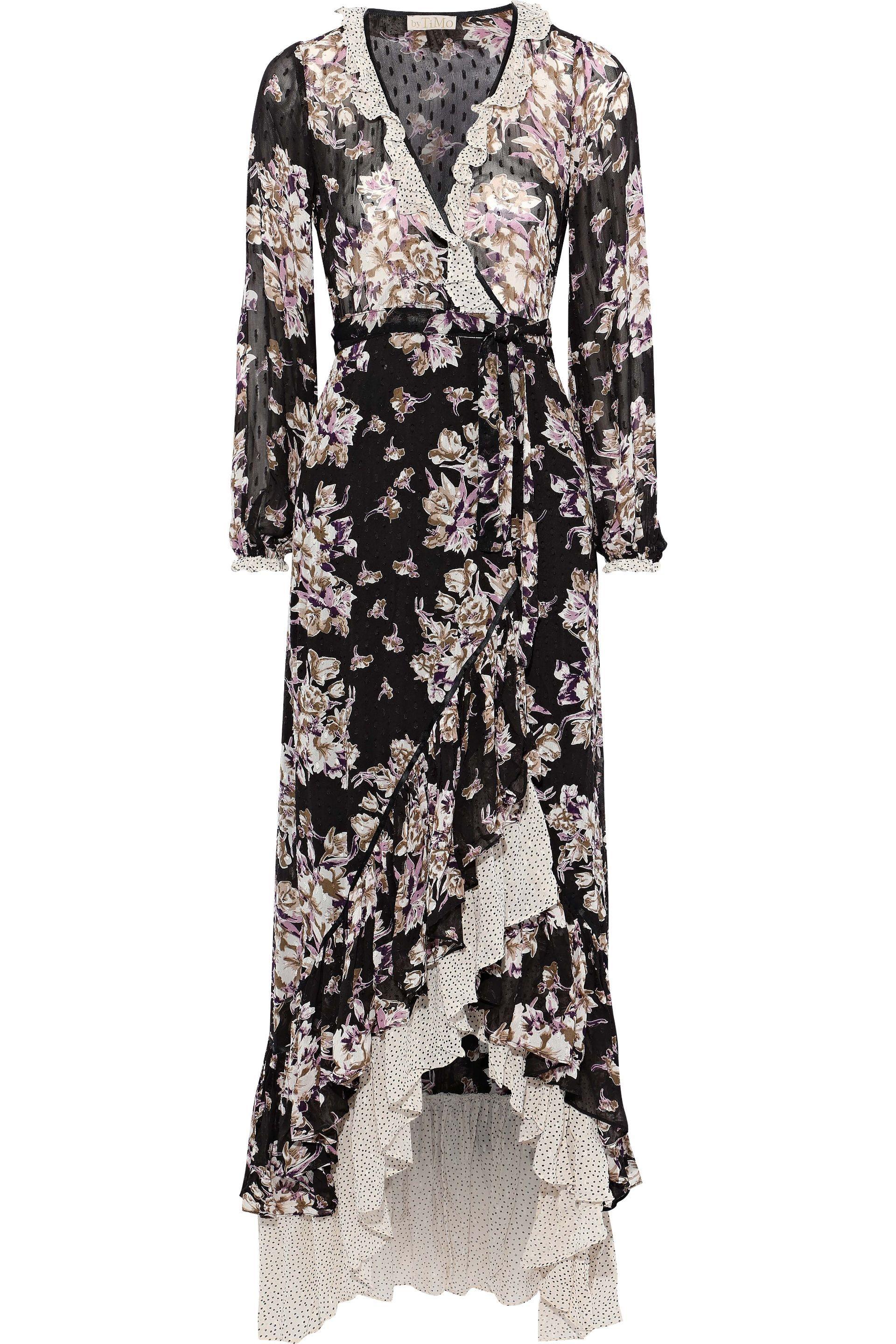 byTiMo Synthetic Ruffled Floral-print Fil CoupÃ© Georgette Maxi Wrap Dress Black - Lyst