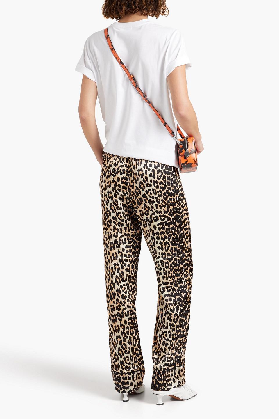 Ganni Leopard-print Silk-blend Satin Straight-leg Pants | Lyst