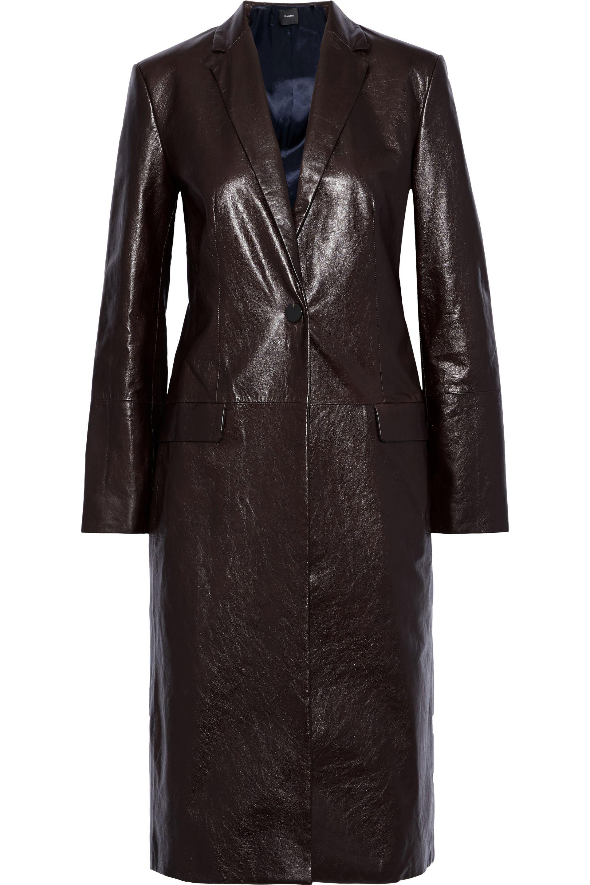 Theory Cracked-leather Coat Dark Brown - Save 83% - Lyst