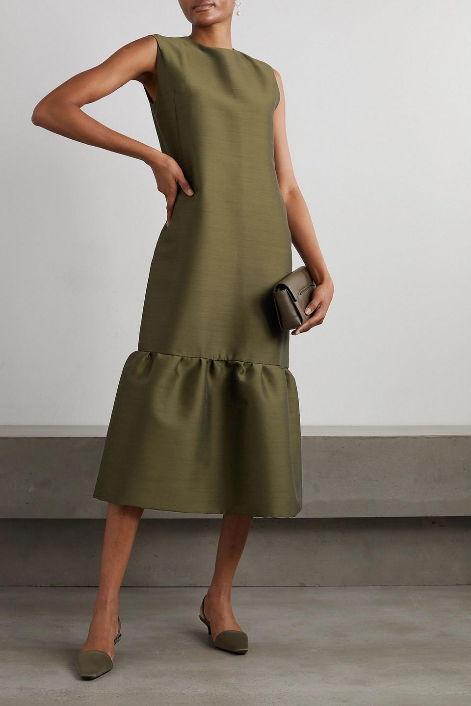 TOTEME Ruffled Sateen Midi Dress in Green | Lyst TOTEME Ruffled Sateen Midi Dress in Green | Lyst