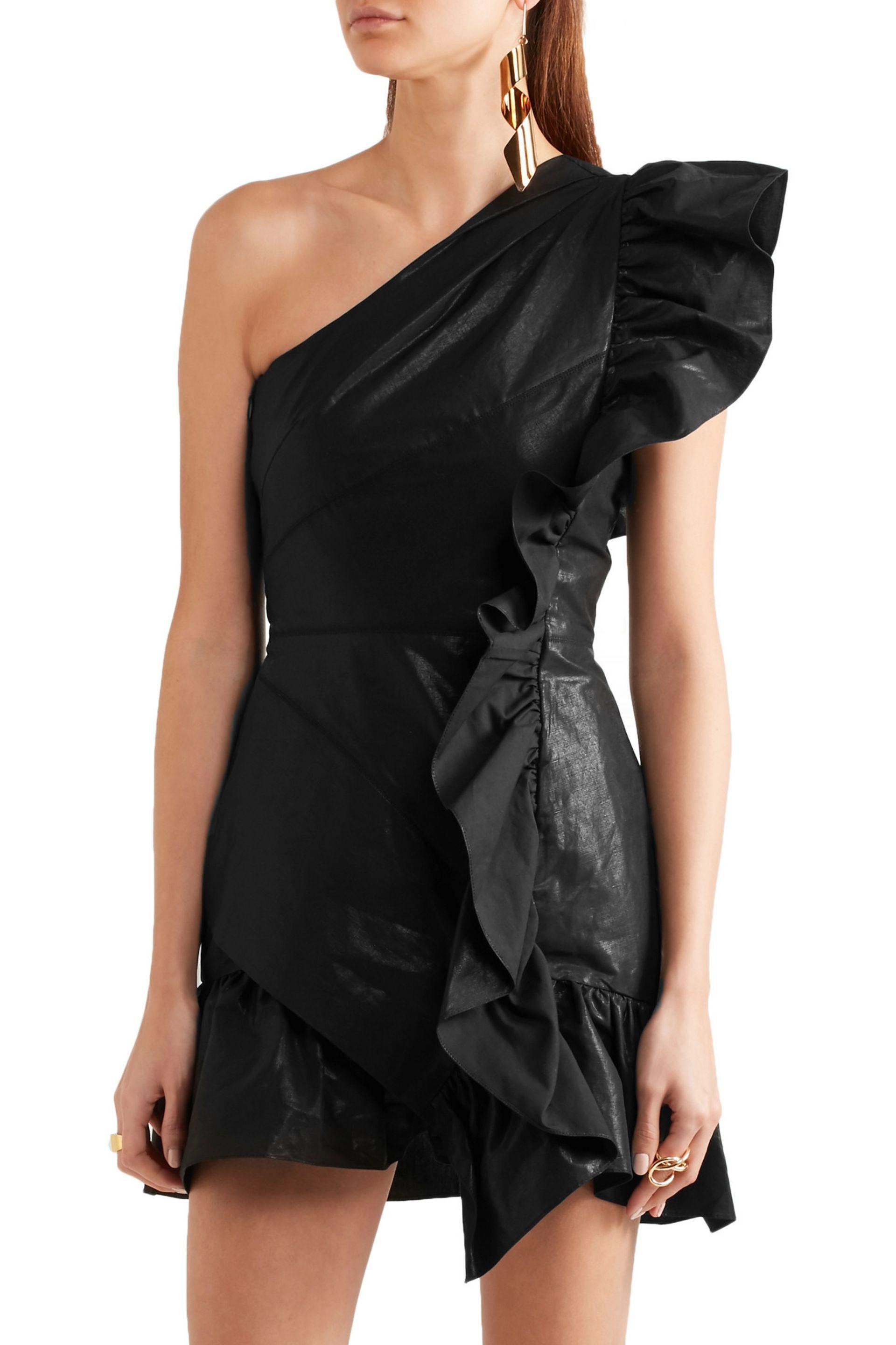 Isabel Marant Lavern One-shoulder Ruffled Coated Cotton-blend Mini Dress in  Black | Lyst Canada